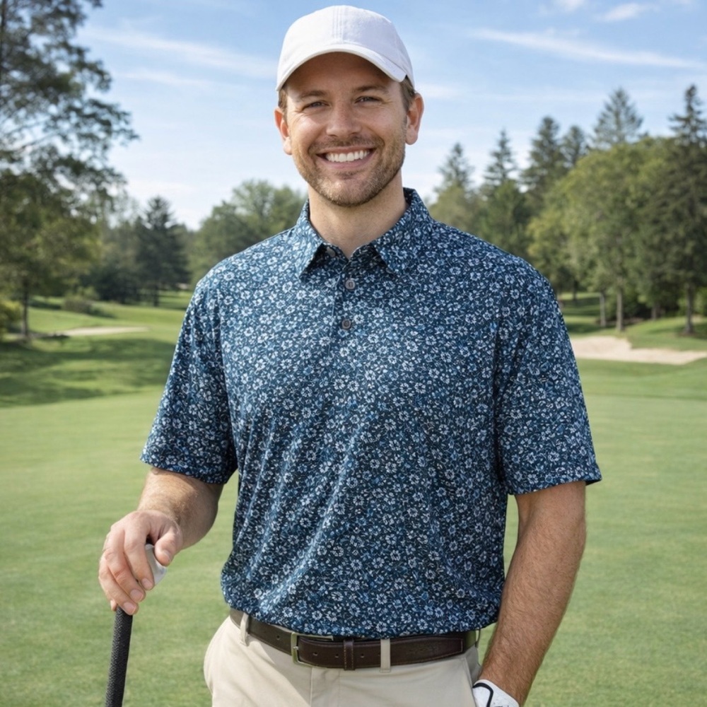 PGA Tour Pro Series Golf Polo Shirt Size Large Athletic Fit Blue/White Floral